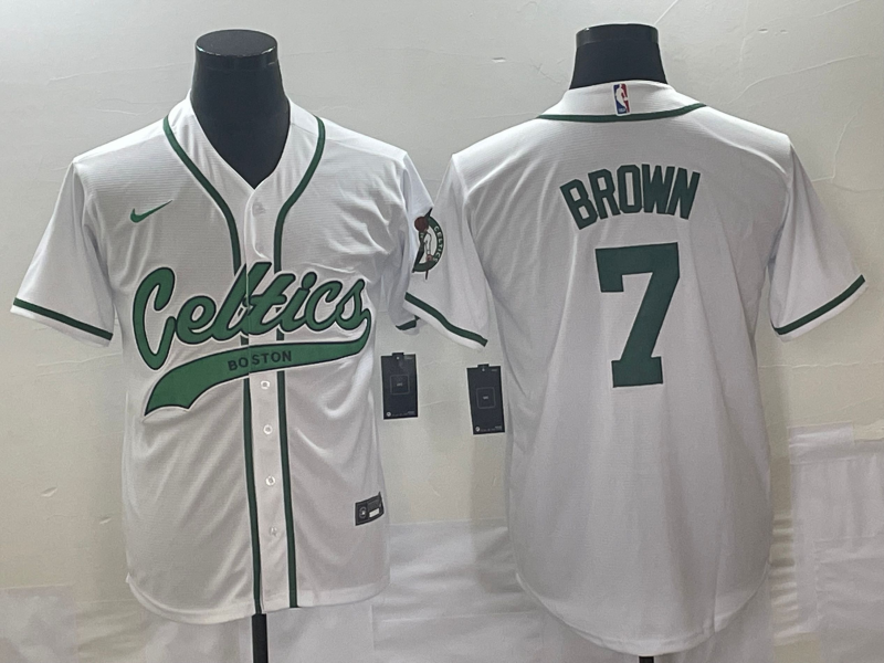 Men's Boston Celtics #7 Jaylen Brown White Stitched Baseball Jersey